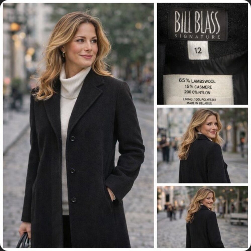Bill Blass Signature Wool & Cashmere Coat – Classic Black Tailored Outerwear